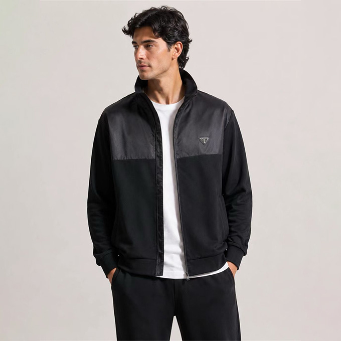 prada triangle logo mixed‑fabric zip‑up jacket